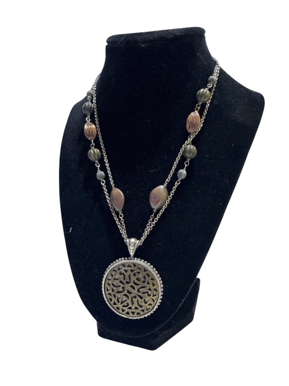 Relativity Multi-Strand Silver Pendant Necklace With Bronze Beads 17–20 In